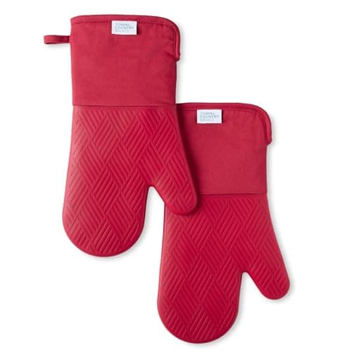 TOWN & COUNTRY BASICS Basketweave Soft Silicone Oven Mitt 2-Pack Set, Heat Resistant up to 500F, Flexible Silicone, Non-Slip Grip, Red, 7.5"x13" - Image 1