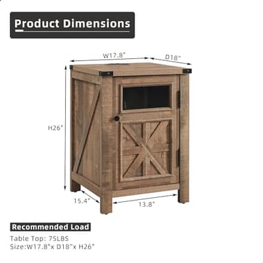 JXQTLINGMU Farmhouse End Table with Charging Station, 18'' Rustic Nightstand with Barn Door & Adjustable Shelf, Wooden Sofa Side Table with 3-Tier Storage for Living Room, Bedroom, Warm Brown - Image 2