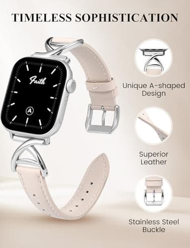 Minyee Leather Band Compatible with Apple Watch 42/44/45/46/49mm Women, Slim Dressy Premium Leather Strap with A-Shape Metal Buckle for iWatch Series 11 10 9 8 7 6 5 4 SE/Ultra 3 2 1,Starlight/Silver - Image 2