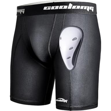COOLOMG Men Compression Shorts with Athletic Cup Sliding Underwear for Baseball Football MMA Lacrosse Field Hockey Black M - Image 1