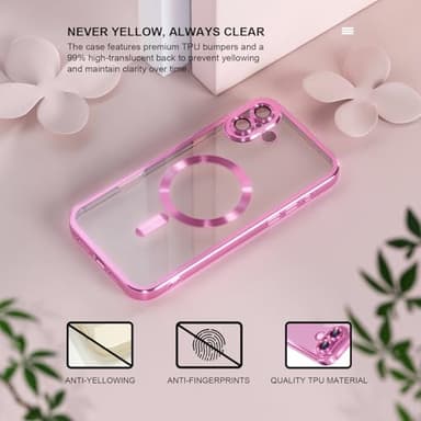 Misea Magnetic for iPhone 16 Case Compatible with MagSafe [Never Yellowing] [Military Grade Drop Protection] Full Camera Lens Protector Plating Soft Clear Phone Case for Women 6.1 inch, Hot Pink - Image 3
