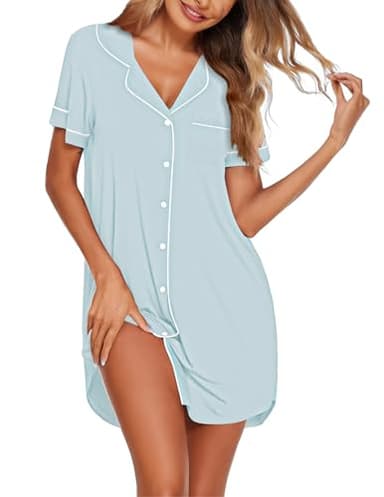 Ekouaer Nightgowns for Women Button Up Night Shirt Short Sleeve Lounge Dress Classic Boyfriend Night Dress Light Blue L - Image 1
