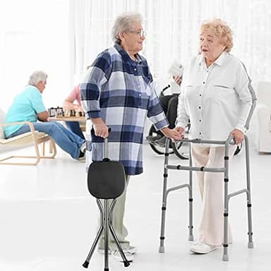 Hold 440 lbs Walking Cane Seat Folding Stick Height Adjustment 440 lbs Capacity Cane with Seat Tripod Stool Hiking Walking Massage Square Black - Image 5