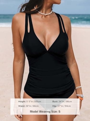 CUPSHE Women's Tankini Set Two Piece Swimsuit Mid Rise V Neck Crisscross Adjustable Straps Cutout Ruched, L Black - Image 5