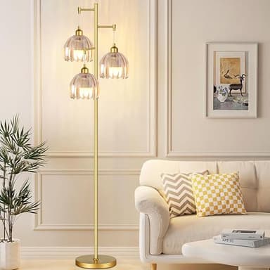 QIYIZM Gold Floor Lamp for Living Room,Bedroom,Tree 3 Light Standing Lamp Mid Century Modern Brass Tall Floor Lamps Vintage Retro Floor Lights Glass Flower Amber Lamp Shade Farmhouse Boho Bohemian - Image 7