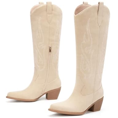 Pasuot Western Cowboy Boots for Women - Beige Knee High Wide Calf Cowgirl Boots with Western Embroidered, Slip On Pointed Toe Chunky Heel Fashion Retro Classic Pull On Tall Boot for Ladies Size 6.5 - Image 4