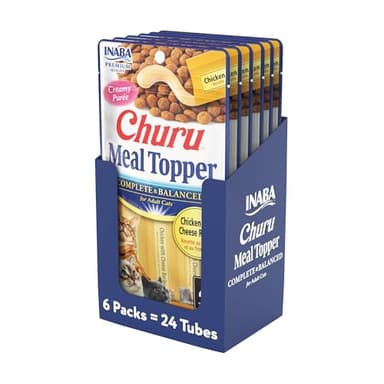 INABA Churu Meal Topper for Cats, Complete & Balanced, Creamy, Lickable Purée Cat Food Topper, 0.5 Ounce Tube, 24 Tubes (4 per Pack), Chicken with Cheese Recipe - Image 1