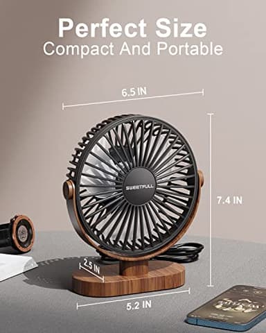SWEETFULL 6.5 Inch USB Small Desk Fan, 3 Speeds Quiet Portable Desktop Table Fan, 360° Adjustment Personal Mini Fan for Home Office Car Outdoor Travel (Black wood grain) - Image 3