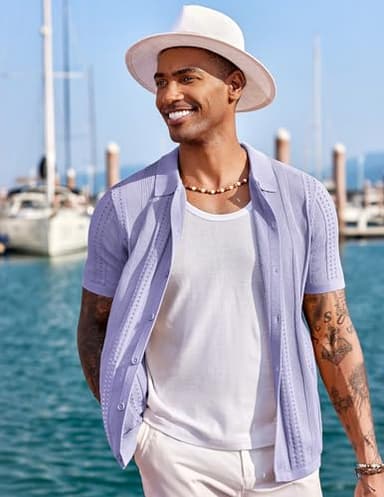 COOFANDY Men's Knit Button Down Shirts Vintage Short Sleeve Polo Shirt Fashion Casual Summer Beach Shirts Lilac - Image 4