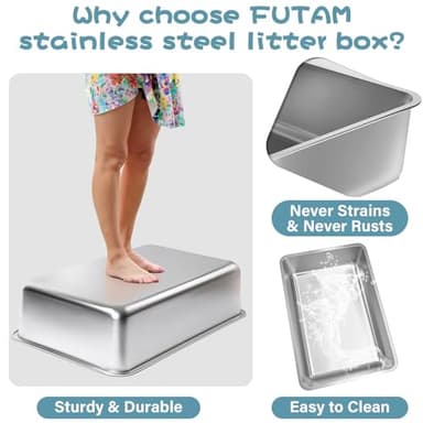 FUTAM Stainless Steel Litter Box, 23.6“x15.7"x6" Deep Stainless Steel Cat Litter Box Extra Large, XL Metal Litterbox for Big Cats with High Sides, Non Stick Surface, Easy to Clean - Image 3