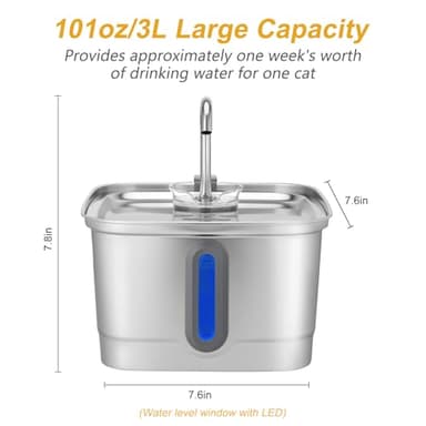 SEIRMEP Stainless Steel Cat Water Fountain, 101oz/3L Automatic Pet Water Fountain, Dog Water Fountain with Replacement Filters for Cats, Small Dogs (8 Filters and 8 Sponges) - Image 7