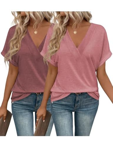 EyMuse 2 PCS T Shirts Short Sleeve V Neck Tees Tops for Women Fashion Trendy Lightweight Soft Casual Summer Outfits Clothes 2025,Rose+Redwood,XXL - Image 1