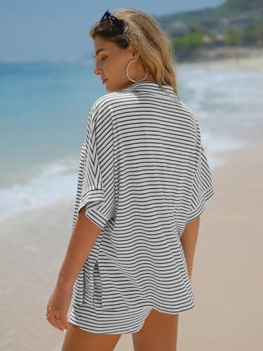 EXLURA Womens Summer 2 Piece Sets Casual Short Sleeve Striped Shirts Shorts Matching Sets Vacation Cruise Beach Outfits 2025 - Image 5