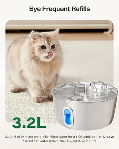 Cat Water Fountain Stainless Steel - 3.2L/108oz Pet Water Fountain for Cats Indoor - Automatic Pet Watering Dispenser (4 Filters) - Image 2