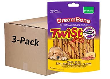 Dreambone Twist Sticks with Real Bacon and Cheese Flavor 50 Count, Rawhide-Free Chews for Dogs (3 Pack) - Image 1