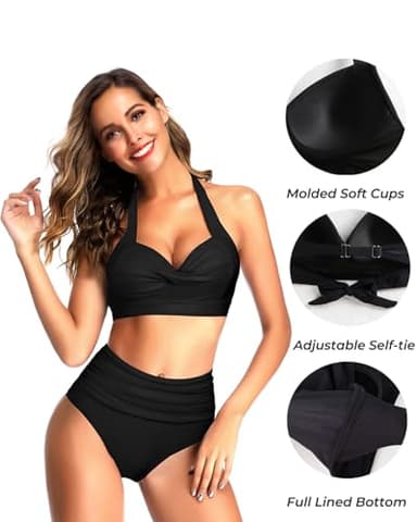 Tempt Me Women's Vintage Swimsuits Pure Black Retro Halter Ruched High Waist Bikini with Bottom L - Image 3