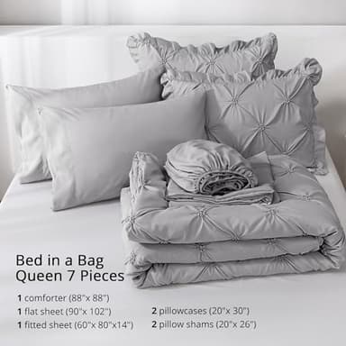 JOLLYVOGUE Grey Queen Comforter Set, 7 Pieces Pintuck Comforters Queen Size, Bed in a Bag Queen Comforter for Bedroom, Bedding Comforter Sets with Comforter, Sheets, Ruffled Shams & Pillowcases - Image 8