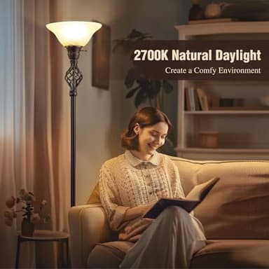 Torchiere Floor Lamp for Living Room, LED Standing Reading Light for Bedroom with Glass Shade for Living Room Corner Bedroom Home Office,Bulbs Included (Yellow Lampshade, Glass 1 Head) - Image 5