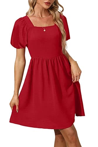 OFEEFAN Casual Summer Dresses for Women Puff Sleeve Zipper Side Square Neck Dress with Tie Bow Red L - Image 3
