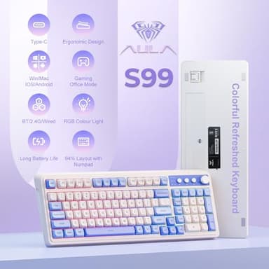 AULA S99 Wireless Keyboard, Tri-Mode Bluetooth/2.4GHz/USB-C Cute Creamy Gaming Keyboard with Number Pad RGB Backlit, Media Knob Custom Computer Keyboards for MAC Xbox PC Gamer - Gradient Purple - Image 2