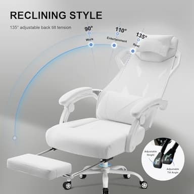 GTRACING Gaming Chair, Computer Chair with Mesh Back, Ergonomic Game Chair with Footrest, Reclining Game Chair with Adjustable Headrest and Lumbar Support for Gaming and Office (White) - Image 9