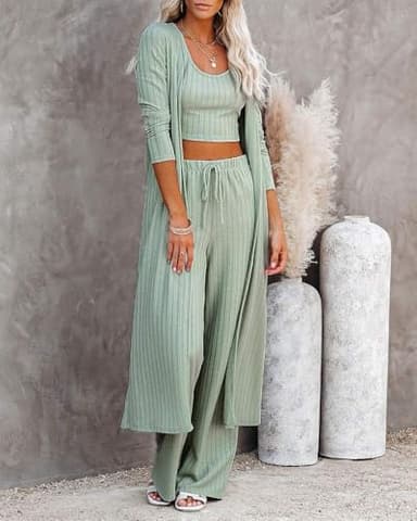 Fessceruna Womens 3 Piece Lounge Sets Pajamas Knit Long Sleeve Cardigan Crop Top Wide Leg Pants Loungewear Set - Image 2