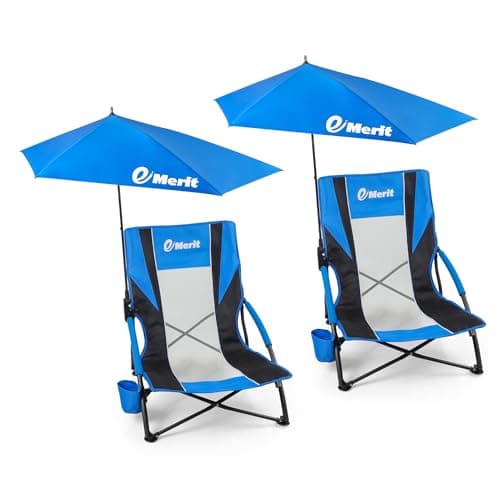 EMERIT Low Beach Chairs for Adults, Sling Beach Chair with Umberalla, Folding Backpack Camping Chair with Cup Holder - Image 1