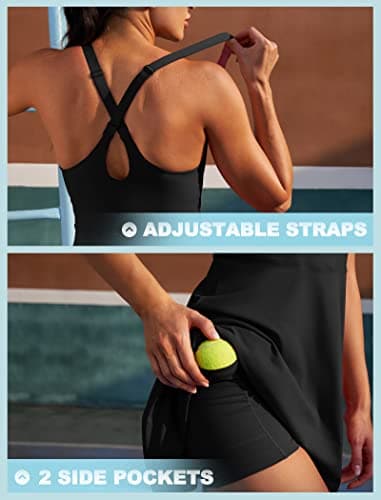 IUGA Womens Tennis Dress Built in Shorts & Bra Adjustable Straps Exercise Workout Dress with Pockets Golf Athletic Dresses Black - Image 4
