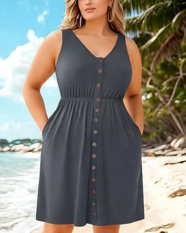 Holipick Women's Plus Size Summer Dresses for Women Casual Dress with Pockets A-Line Swing Button Down Sleeveless V Neck Gray - Image 5