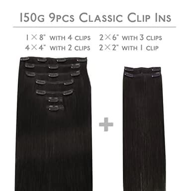 WENNALIFE Clip in Hair Extensions, 150g 20 Inch 9pcs Natural Black Human Hair Extensions Thicker Clip in Hair Extensions Real Human Hair Clip Set Double Weft - Image 2