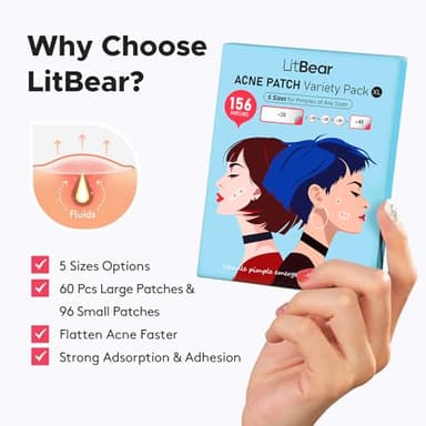 LitBear Large Pimple Patches, 5 Sizes 156 Patches Big Acne Patch, 60 XL Hydrocolloid Patch for Full Face, Forehead, Chin, Nose, Body, Back, Neck & Chest, Stirp, Square Large Hydrocolloid Bandages - Image 8