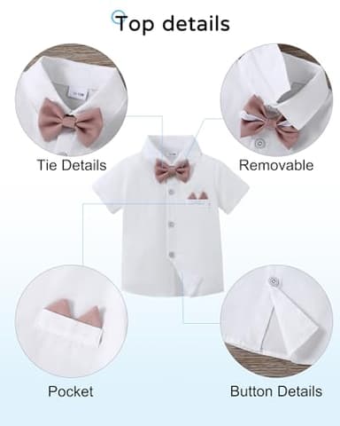 YALLET Toddler Baby Boy Clothes Suit Gentleman Wedding Outfits, Formal Dress Shirt+Bowtie+Suspender Pants(Pink, 3-4T) - Image 3