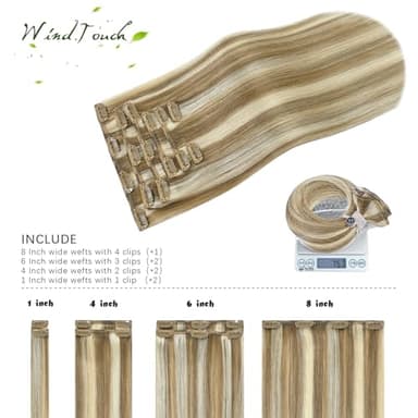 WindTouch Clip In Hair Extensions Human Hair Mixed Bleach Blonde 18Inch 75g Hair Extensions for Women Remy Blonde Extensions Clip in #18p613 7PCS - Image 3
