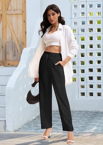addigi Yoga Pants Women High Waisted Wide Leg Pants with Pockets Drawstring Loose Stretch Dress Pants Comfy Lounge Sweatpants Regular Black Large - Image 6