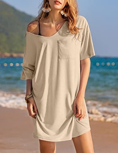 Ekouaer Womens Tshirt Nightgown Cotton V Neck Sleepshirts Comfy Casual Nightshirt for Women, Khaki, X-Large - Image 4