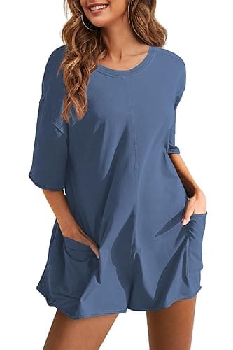 Yeokou Rompers for Women Casual Short Sleeve Oversized Athletic Workout Reversible Hot Shot Tee Romper Deep Pockets(BlueGrey-M) - Image 2