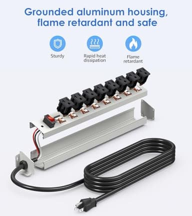 CCCEI Corner Mount Angle Power Strip, Under Cabinet Heavy Duty 8 Outlets Power Strip 20Amp, Metal Underneath Desk Plug Surge Protector, Wall Mountable, for Garage, Shop, Kitchen. 6FT Extension Cord. - Image 6
