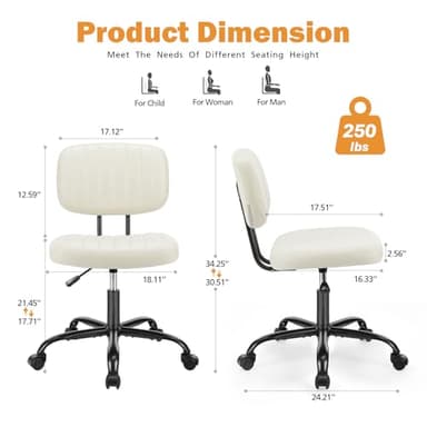 Sweetcrispy Small Office Computer Desk Chair with Wheels and Lumbar Support, Comfy Cute Armlees PU Leather Vanity Rolling Swuvel Task Chair No Arm for Adult, Student - Image 2