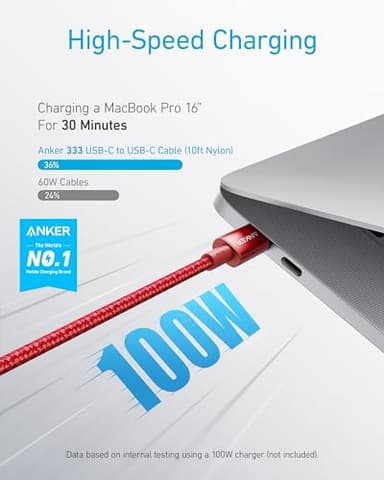 Anker USB C to USB C Cable (10FT, 2Pack), Type-C 100W Charger Cord Fast Charging for iPhone 17 Series,MacBook Pro 2020,Pixel and More(Red) - Image 2
