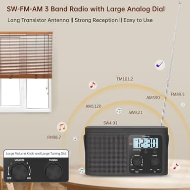 DreamSky AM FM Radio Portable - Shortwave Radio Battery Powered or Plug in Wall for Home Outdoor, Strong Reception, Large Dial Easy to Use, Digital Time Display, Transistor Antenna, Seniors Small Gfit - Image 2