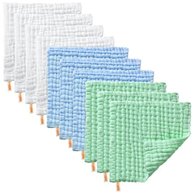MUKIN Muslin Washcloths - Soft Face Cloths for Newborn, Absorbent Bath Face Towels, Wipes, Burp Cloths, Baby Registry as Shower. Pack of 10 (Green,Blue,White) - Image 8
