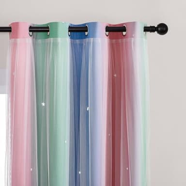 XiDi Pink & Rainbow Curtains for Kids & Girl Rooms - Blackout, Unicorn Wall Decals, Blue & Green, 34x84 Inch - Image 2