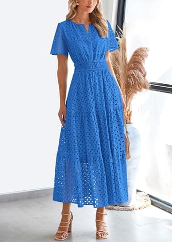 PRETTYGARDEN Womens 2025 Summer Maxi Dress Short Sleeve V Neck Hollow Out Eyelet A Line Long Flowy Beach Vacation Dresses (Blue,Large) - Image 4