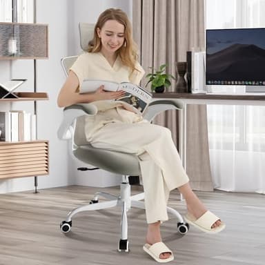 Ergonomic Office Chair with Adjustable Lumbar Support & Headrest, High Back Mesh Desk Chair with Flip-Up Armrests, Breathable & Comfortable Computer Chair for Home, Office & Study –Khaki - Image 2