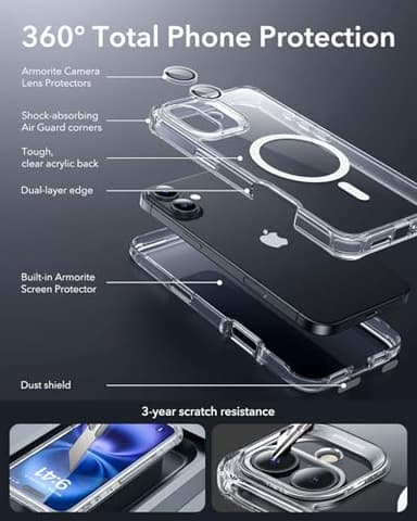 ESR for iPhone 16 Plus Case, Compatible with MagSafe, Full-Body Military-Grade Drop Proof Case with Built-in 9H+ Tempered Glass Screen Protector, Armor Series, Clear - Image 3