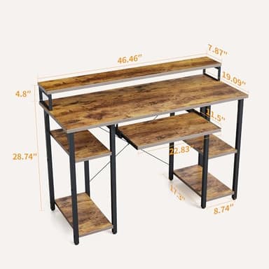 CubiCubi Computer Desk with Keyboard Tray, 47 Inch Office Desk with Monitor Stand and Storage Shelves, Music Studio Desk Workstation, Work Table for Home Office, Rustic Brown - Image 3