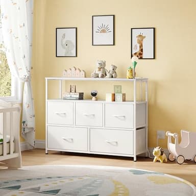 WLIVE White Dresser for Bedroom, 5 Drawer Dressers with Charging Station, Fabric Chest of Drawers with Open Shelves, Storage Dresser for Living Room, Closet, Entryway - Image 2