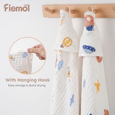 FIEMOL Baby Bath Towels, 100% Muslin Cotton Hooded Baby Towels for Newborn, 2 Pack Baby Towels with Hood for Infant Toddler and Kids, Large 32x32Inch, Soft and Absorbent - Image 3