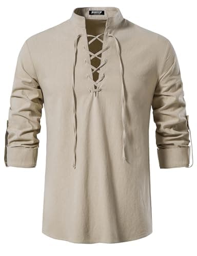 JEMITOP Men's Vintage Renaissance Costume Long Sleeve Lace Up Shirts for Pirate Viking Medieval Vampire Halloween Cosplay Clothing Khaki M - Image 2