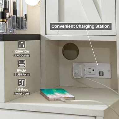 JXQTLINGMU Farmhouse Vanity Makeup Desk with Charging Station, 43" W Vanity Desk with Lights Mirror and Drawers for Makeup, Big Modern Makeup Table Set with Stool for Bedroom, Off White - Image 5